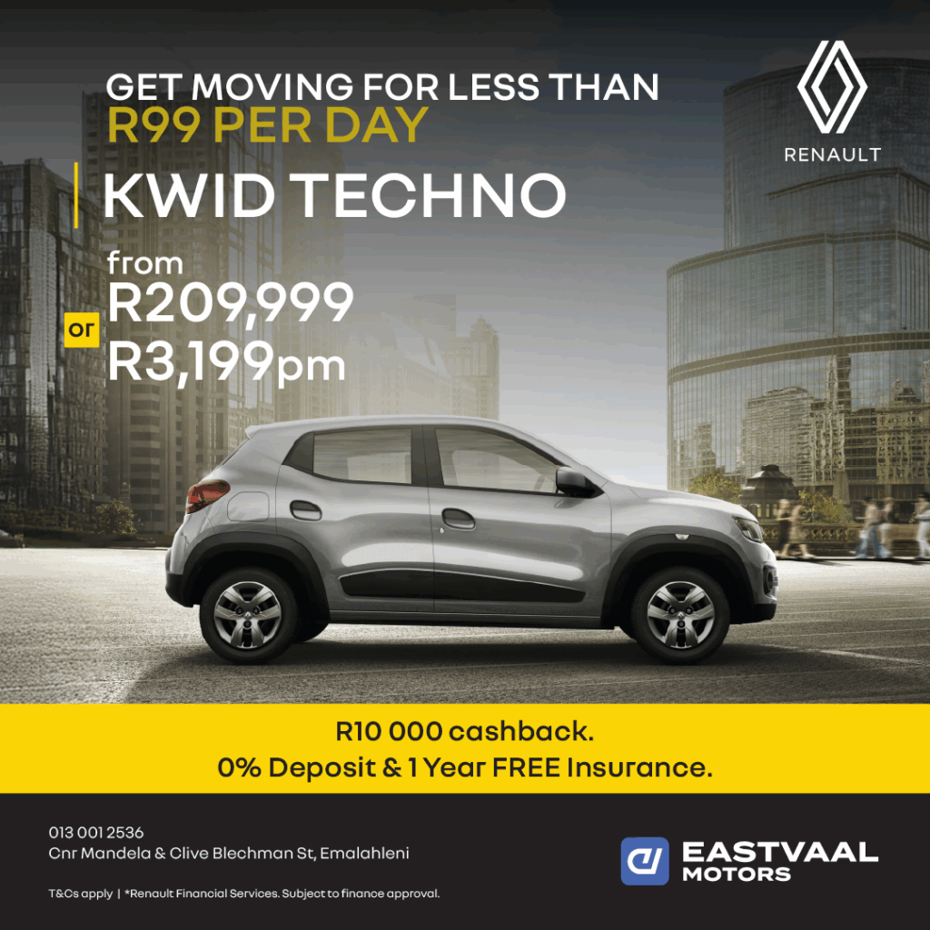 Get moving for less than R99 per day. kwid Techno from Eastvaal Motors