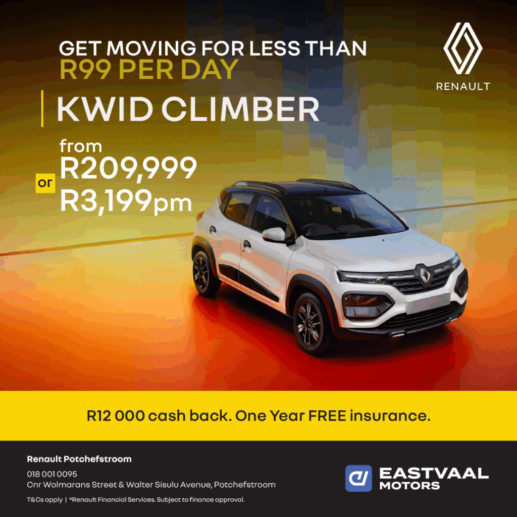 get moving for less than R99 per day.  Kwid Climber from Eastvaal Motors