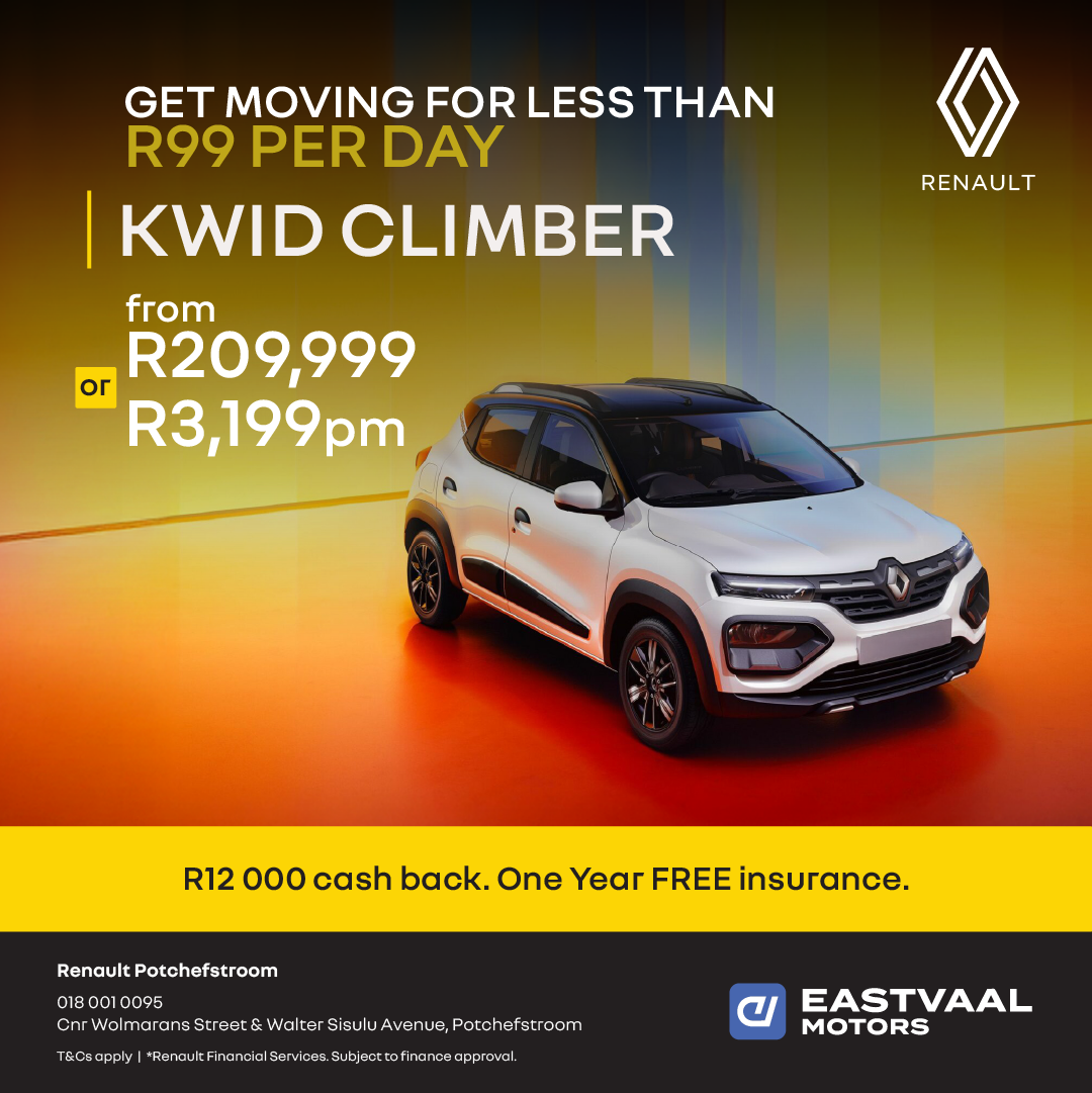 get moving for less than R99 per day.  Kwid Climber from Renault Potchefstroom