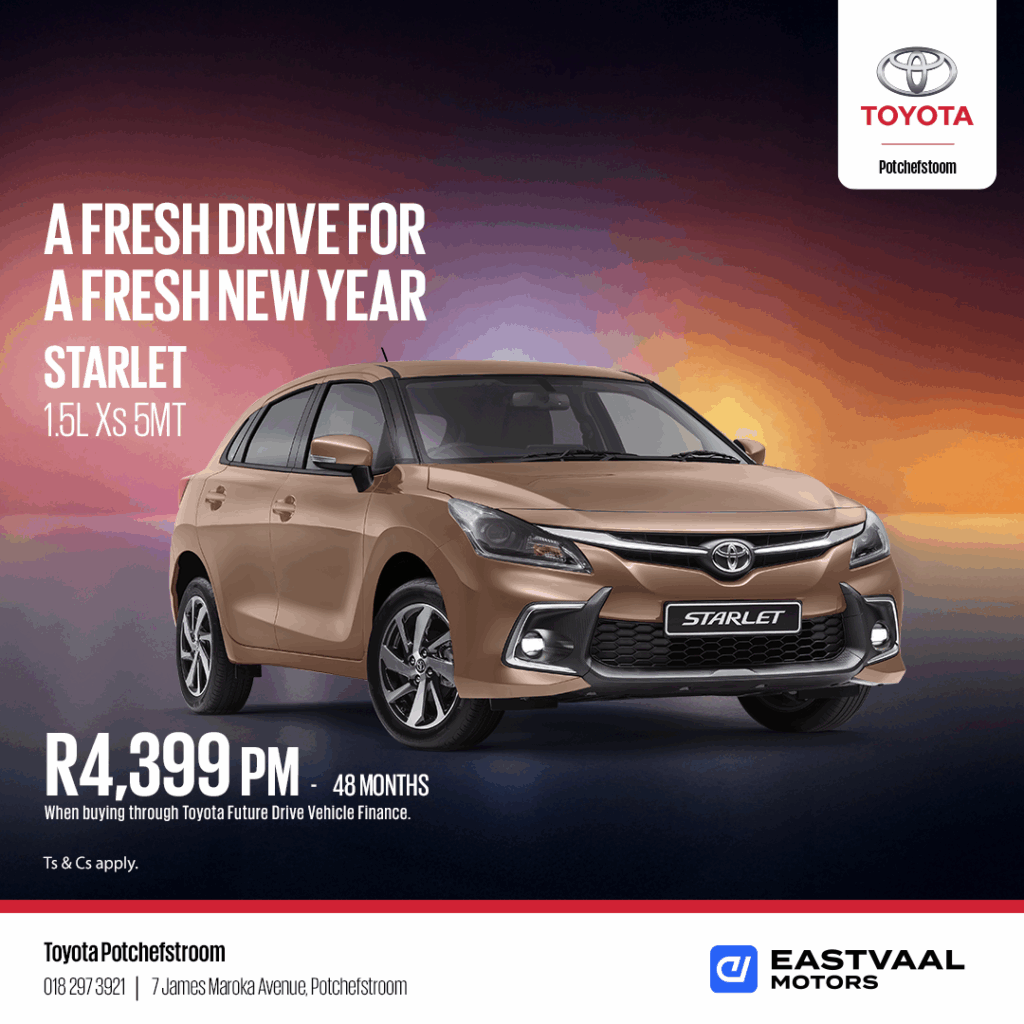 A fresh drive for a fresh new year. Starlet 1.5 Xs 5MT from Eastvaal Motors
