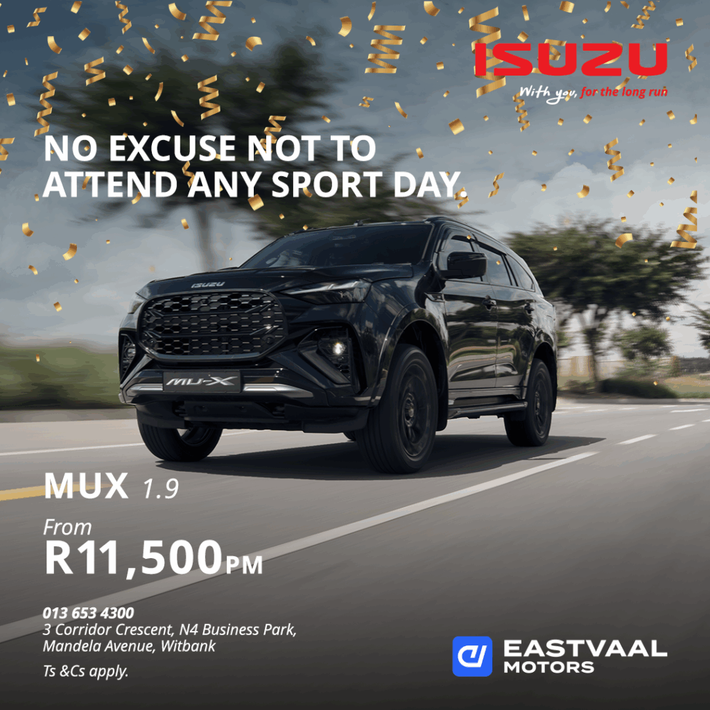 No excuse not to attend any sport day.  Isuzu MUX from Eastvaal Motors