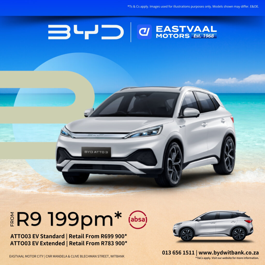 Bold looks. Blade Battery safety. Pure electric freedom. The BYD Atto 3 isn’t just an EV — it’s a statement. Ready to turn heads on every N4 trip? The electric SUV revolution starts at Eastvaal Motor City! ⚡ from Eastvaal Motors