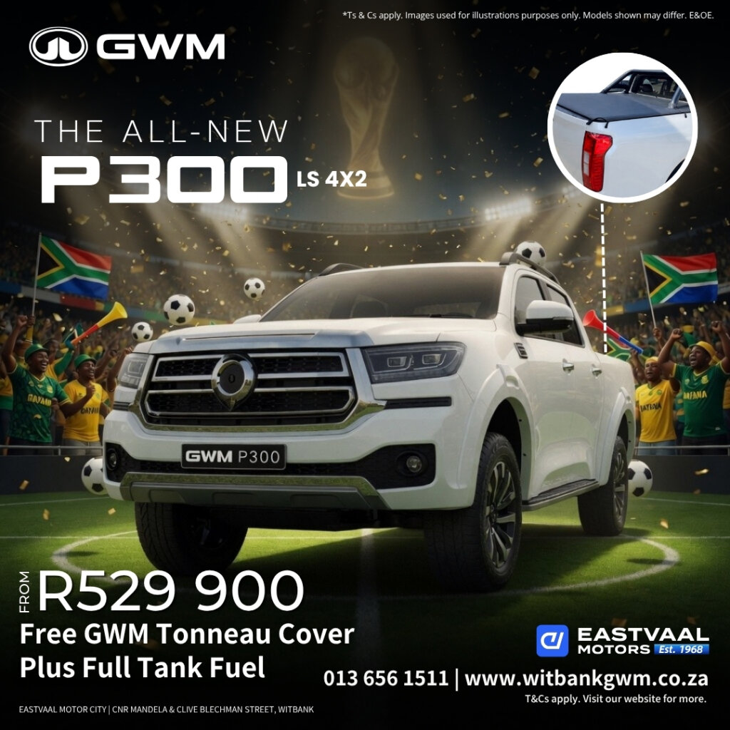 Work Hard. Play Harder. The GWM P300. Powerful 2.0, premium comfort, and unstoppable reliability — the bakkie that’s ready for anything. Built tough for real life. from Eastvaal Motors