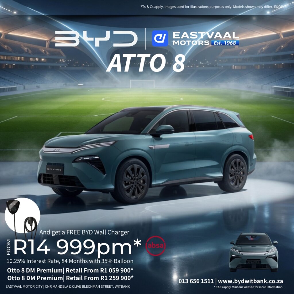 ✨ The King of Family SUVs has arrived — BYD Atto 8! Bold, spacious, and packed with premium features, the BYD Atto 8 is the ultimate 7-seater electric SUV built for big Mpumalanga families and long adventures. from Eastvaal Motors