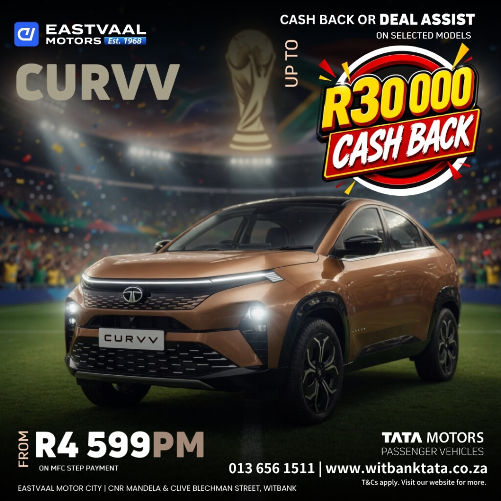 ⚽ Tata Curvv – Up to R30 000 Cash Back! ⚽ Turn heads and save big! The sleek, futuristic coupe-SUV is now even more rewarding with massive cash back. from Eastvaal Motors