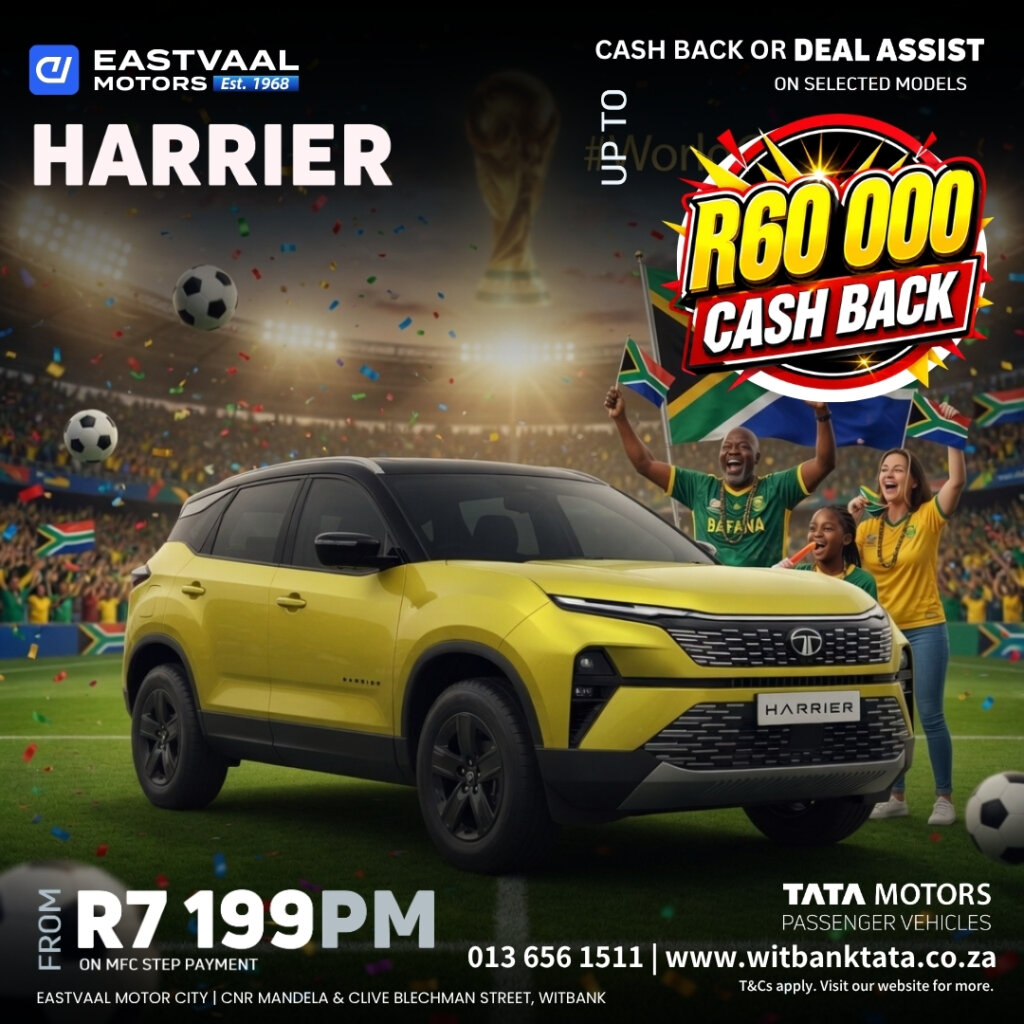⚽ Tata Harrier – Up to R60 000 Cash Back! ⚽ Command the road with the boss-level Harrier and enjoy the biggest cash back of the season! from Eastvaal Motors