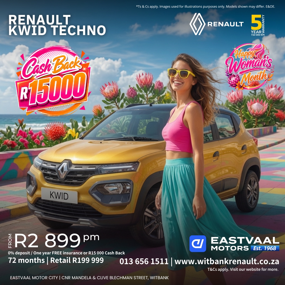 Kwid Techno – R15 000 Cash Back Bright, bold & beautiful. from Eastvaal Motor City Witbank Renault