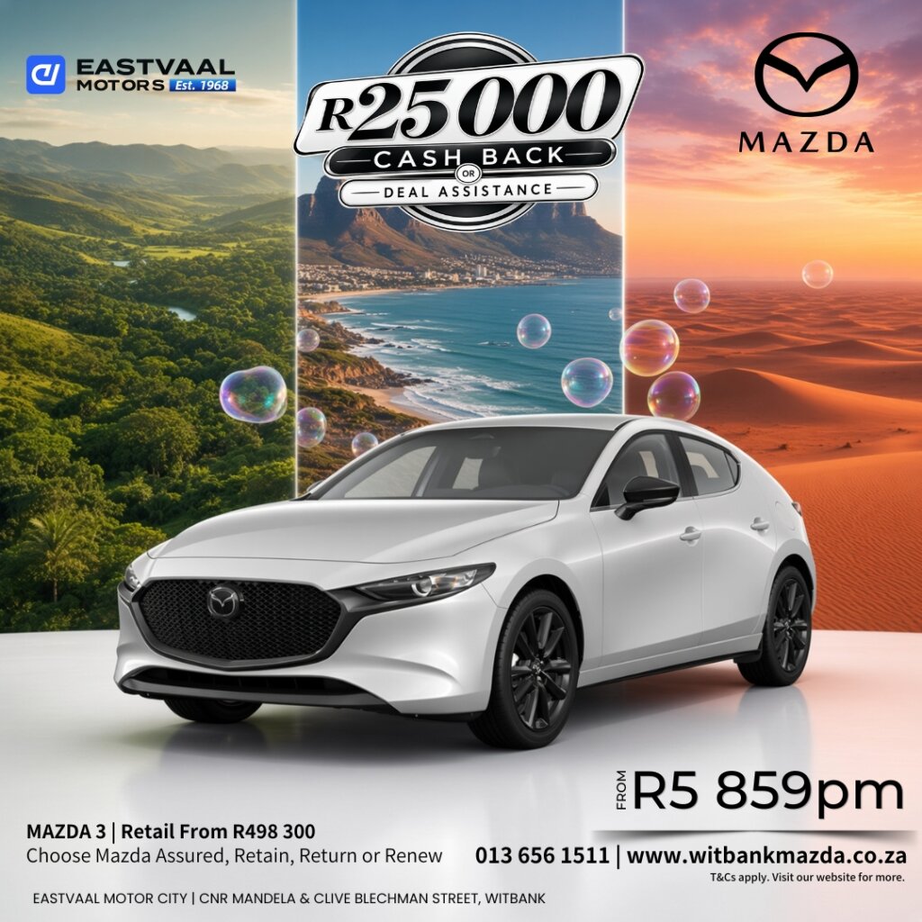 ⚡ Bold. Premium. Yours.  The sleek Mazda3 is available with up to R25 000 cash back or deal assistance. from Eastvaal Motors