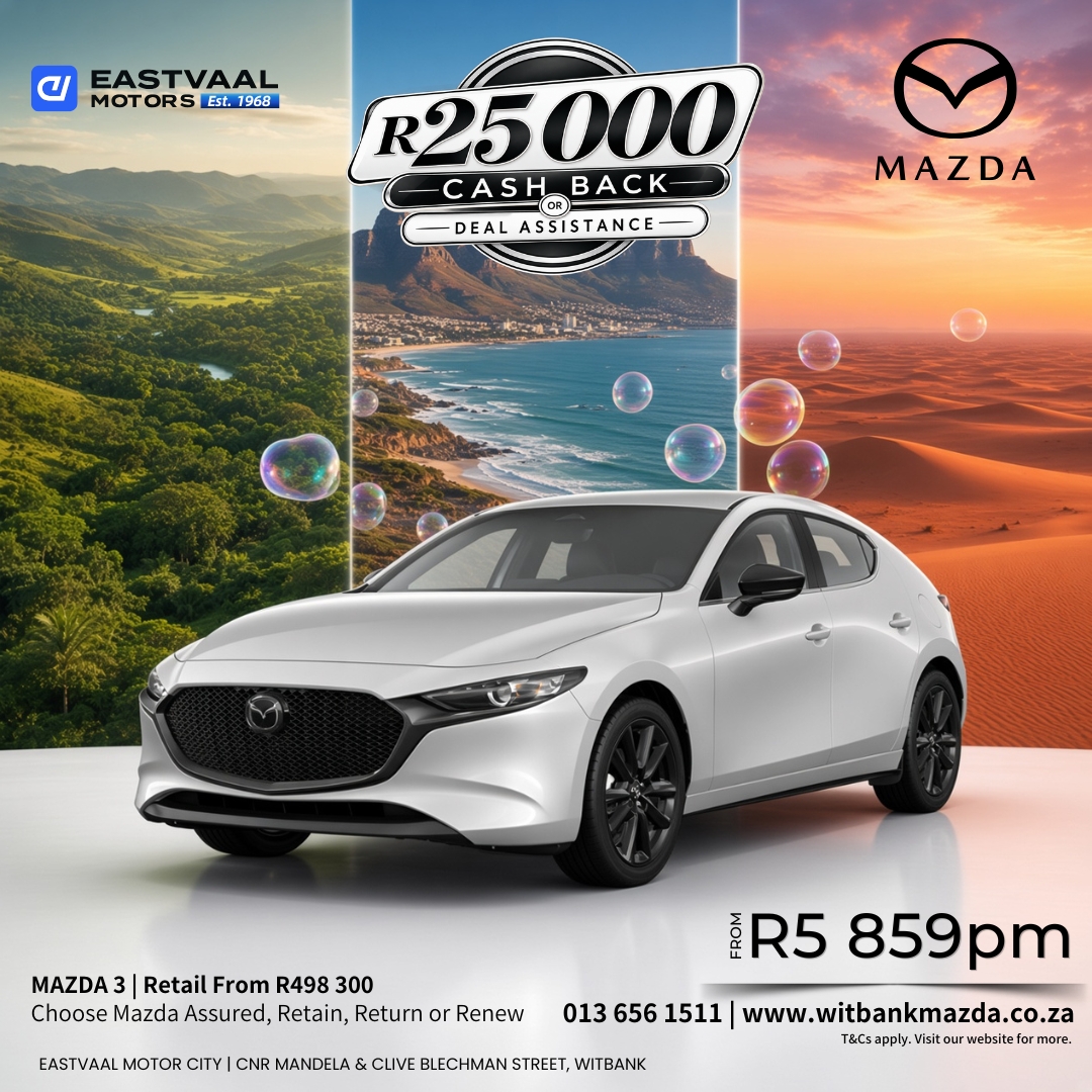 ⚡ Bold. Premium. Yours.  The sleek Mazda3 is available with up to R25 000 cash back or deal assistance. from Eastvaal Motor City Witbank Mazda