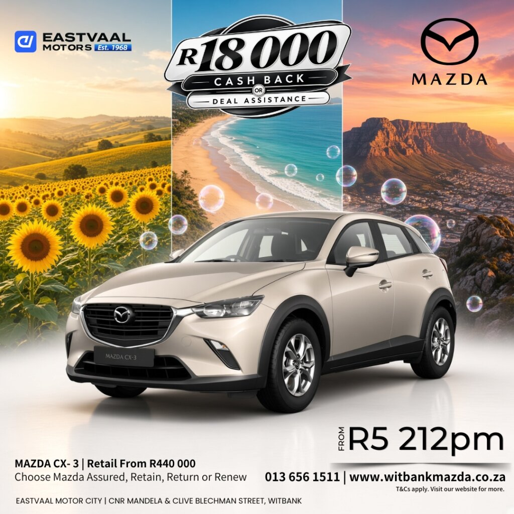 🚙 Compact crossover. Big attitude.  Step into the Mazda CX-3 with up to R18 000 cash back or deal assistance. from Eastvaal Motors