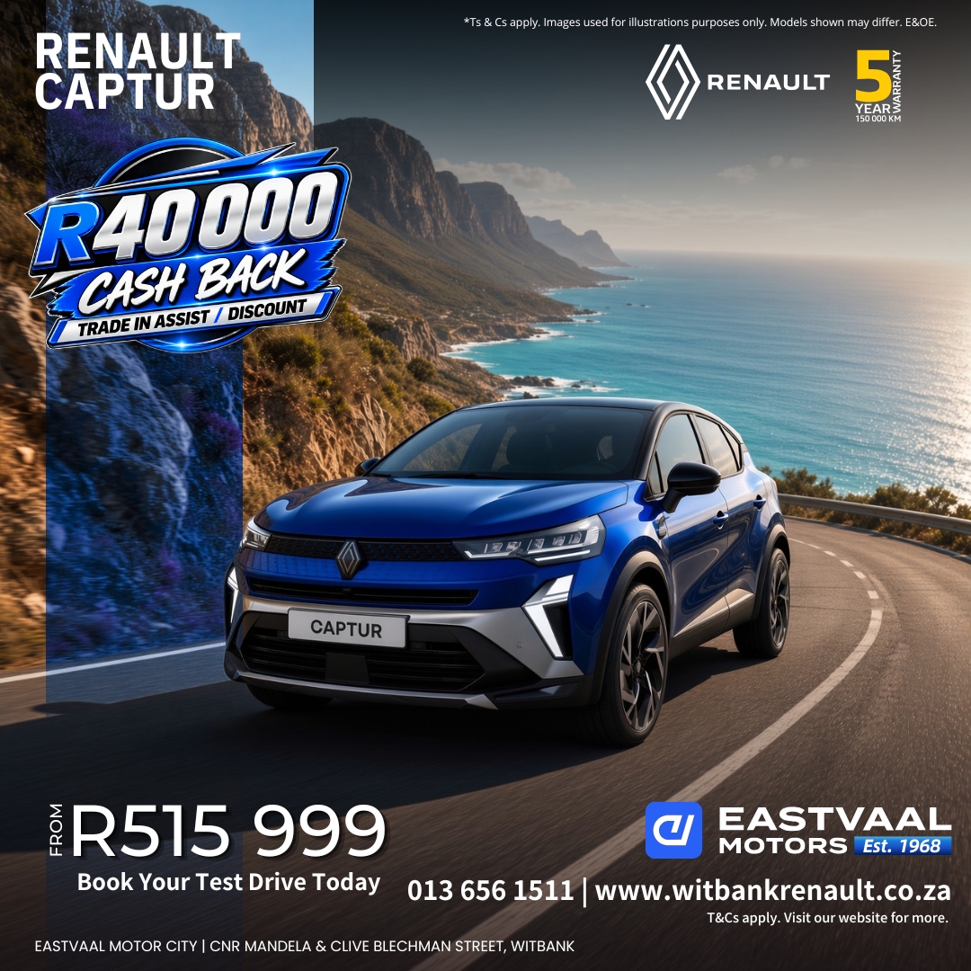 💙 R40 000 CASH BACK on the Renault Captur! from Eastvaal Motor City Witbank Renault