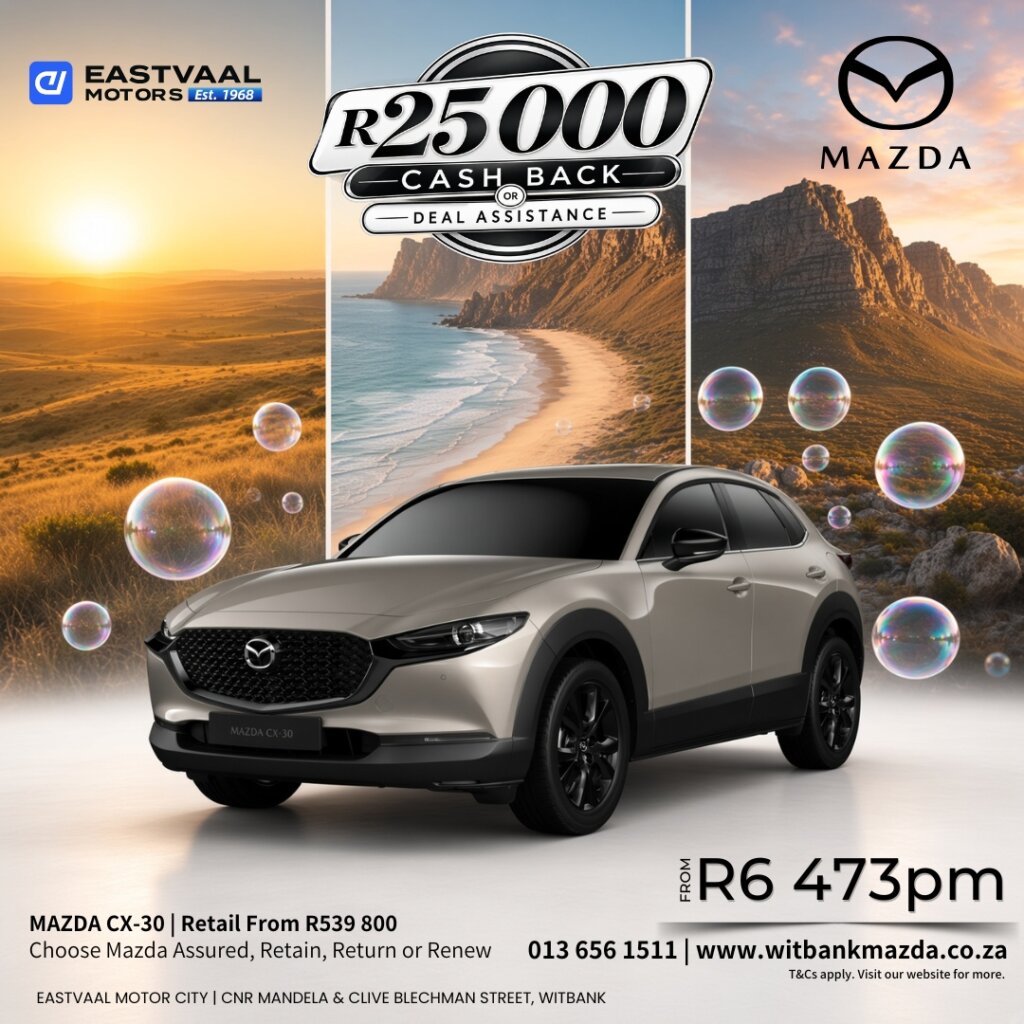 ✨ Style that moves with you.  The elegant Mazda CX-30 comes with up to R25 000 cash back or deal assistance. from Eastvaal Motors