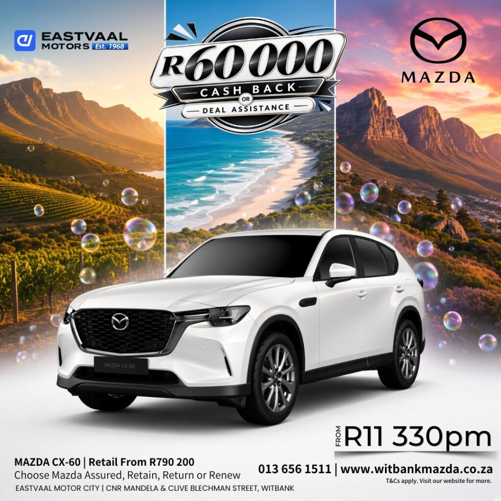👑 Flagship luxury. Serious savings.  Drive the commanding Mazda CX-60 with up to R60 000 cash back or deal assistance. from Eastvaal Motors