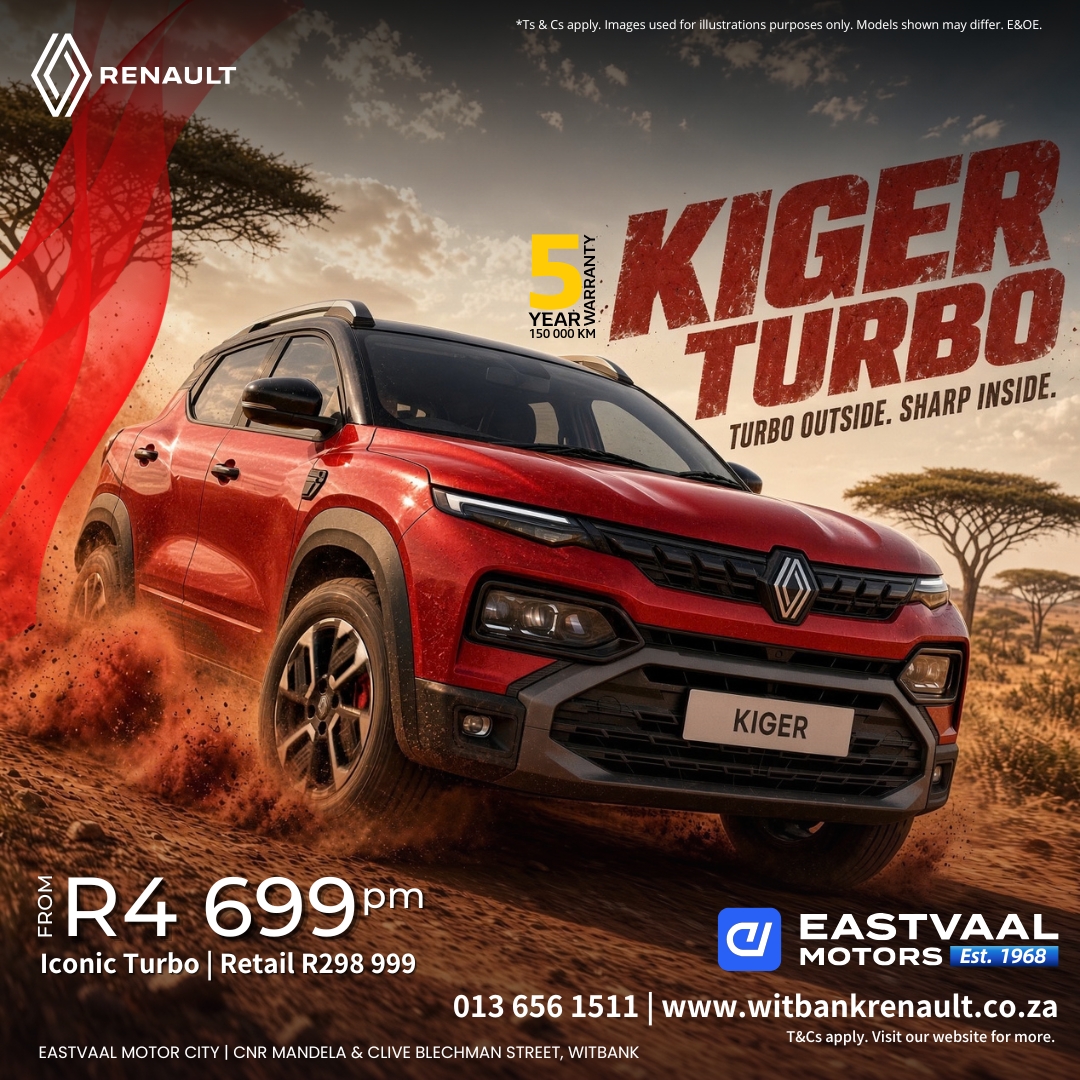Turbo outside. Sharp inside. Feel the punch of the Kiger Iconic Turbo from Eastvaal Motor City Witbank Renault