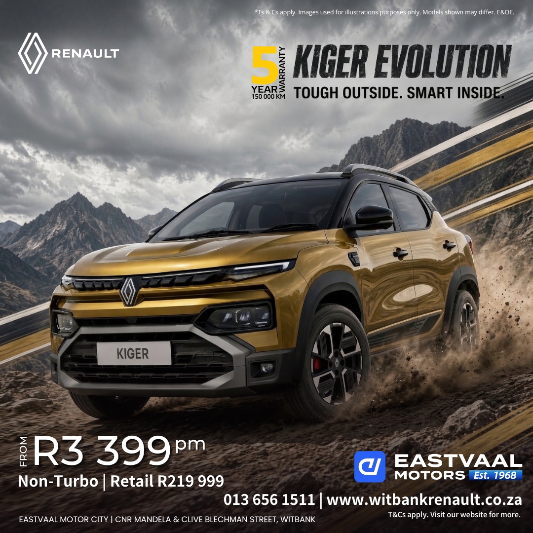 Tough outside. Smart inside. The Kiger Evolution from Eastvaal Motor City Witbank Renault